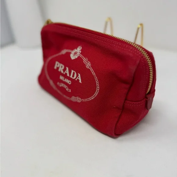 💯 Authentic PRADA Logo Canapa Pouch Cosmetics Pouch Red Canvas Used - Picture 2 of 7
